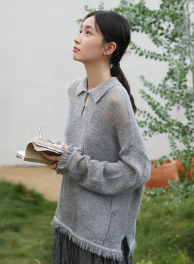 Seams Sense｜文艺灰色马海毛棋盘格翻领流苏针织长袖上衣17175