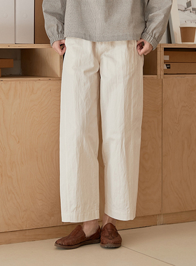 Seams Sense｜百搭复古松紧腰分割微茧型纸感白色弧形九分裤17146