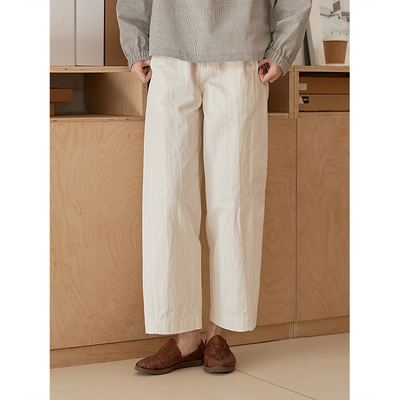 Seams Sense｜百搭复古松紧腰分割微茧型纸感白色弧形九分裤17146