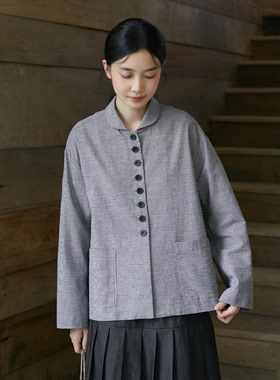 Seams Sense｜文艺简约元宝领色织灰色千鸟格宽松长袖短外套01003
