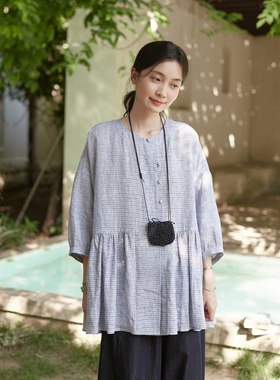 Seams Sense｜格纹亚麻圆领新中式宽松大摆七分袖娃娃衫上衣17160