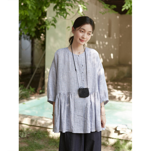 Seams Sense｜格纹亚麻圆领新中式宽松大摆七分袖娃娃衫上衣17160