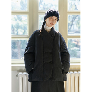 Seams Sense｜文艺中式复古碳黑色双排扣中长90白鸭绒羽绒服17186