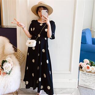 时尚 辣潮妈短袖 款 洋气波点过膝长裙 夏天宽松连衣裙 韩版 孕妇夏装
