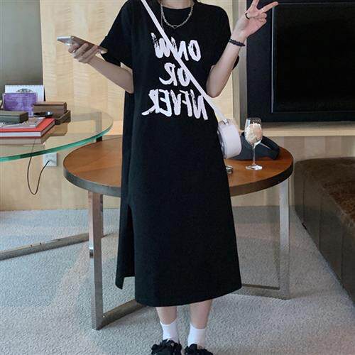 孕妇夏季套装大码上衣时尚款夏装T恤裙子印花开叉宽松休闲连衣裙