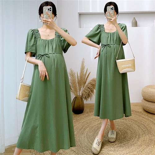 孕妇夏装连衣裙2023夏季新款大码时尚中长款方领短袖孕妈妈裙子女