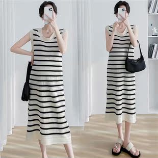 镂空针织连衣裙时尚 孕妇装 无袖 新款 辣妹怀孕期外穿条纹裙子潮 夏季