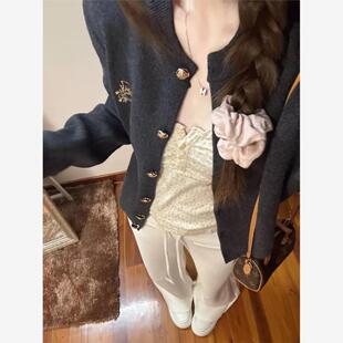 外套 春秋学院风宽松百搭针织上衣短款 灰色开衫 外搭毛衣女2025新款