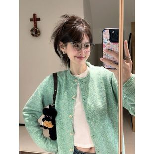 百搭薄荷绿卷边针织开衫 女春秋百搭绿色上衣早春外搭软糯毛衣外套