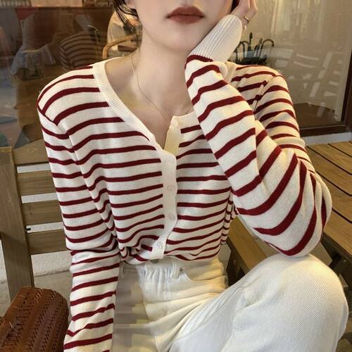 条纹针织开衫女装2025新