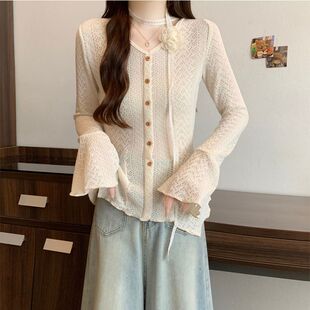 掐腰喇叭长袖 V领不规则木耳边镂空针织衫 上衣女 爆款 2025早秋新款