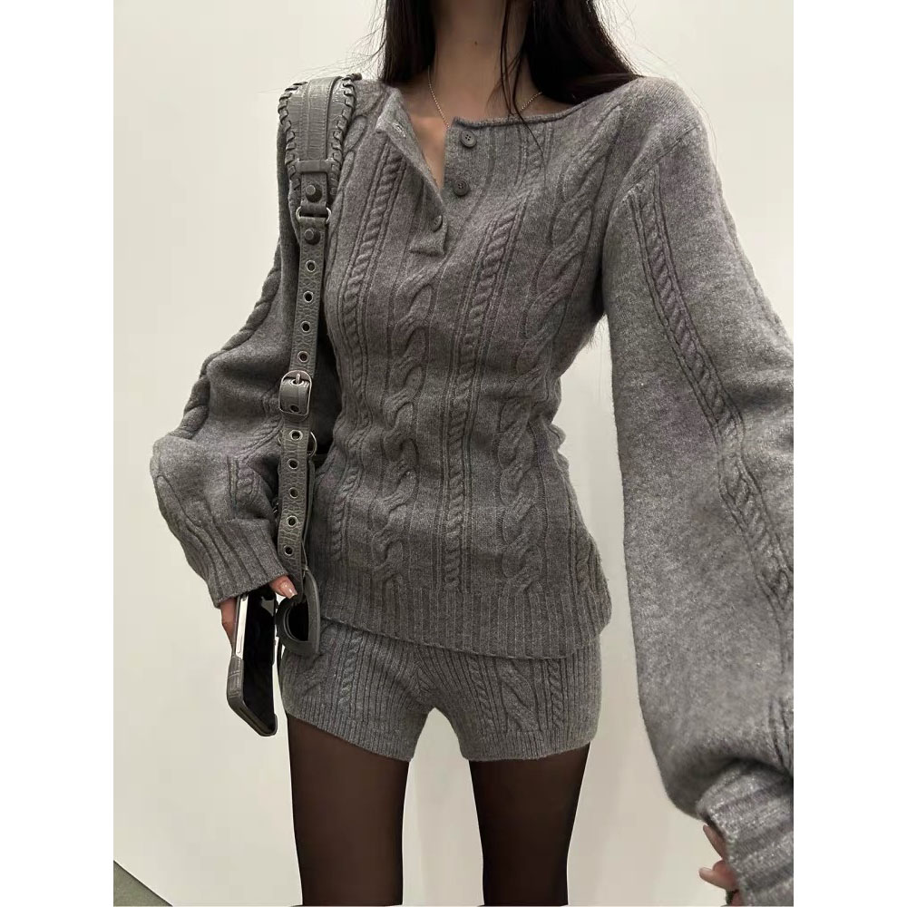 亨利领针织上衣短裤懒人休闲套装