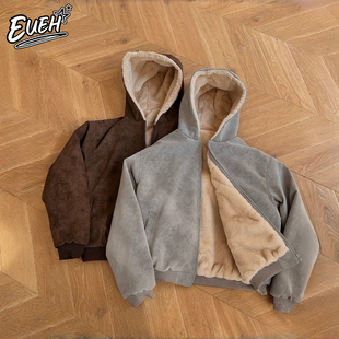 EUEH一件过冬pu皮座山雕男女休闲复古加绒保暖仿兔毛连帽棉衣外套
