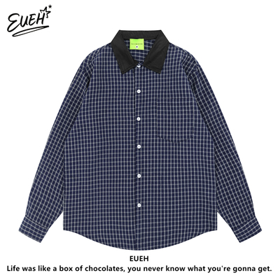 EUEH皮领子拼接蓝色格纹长袖衬衫