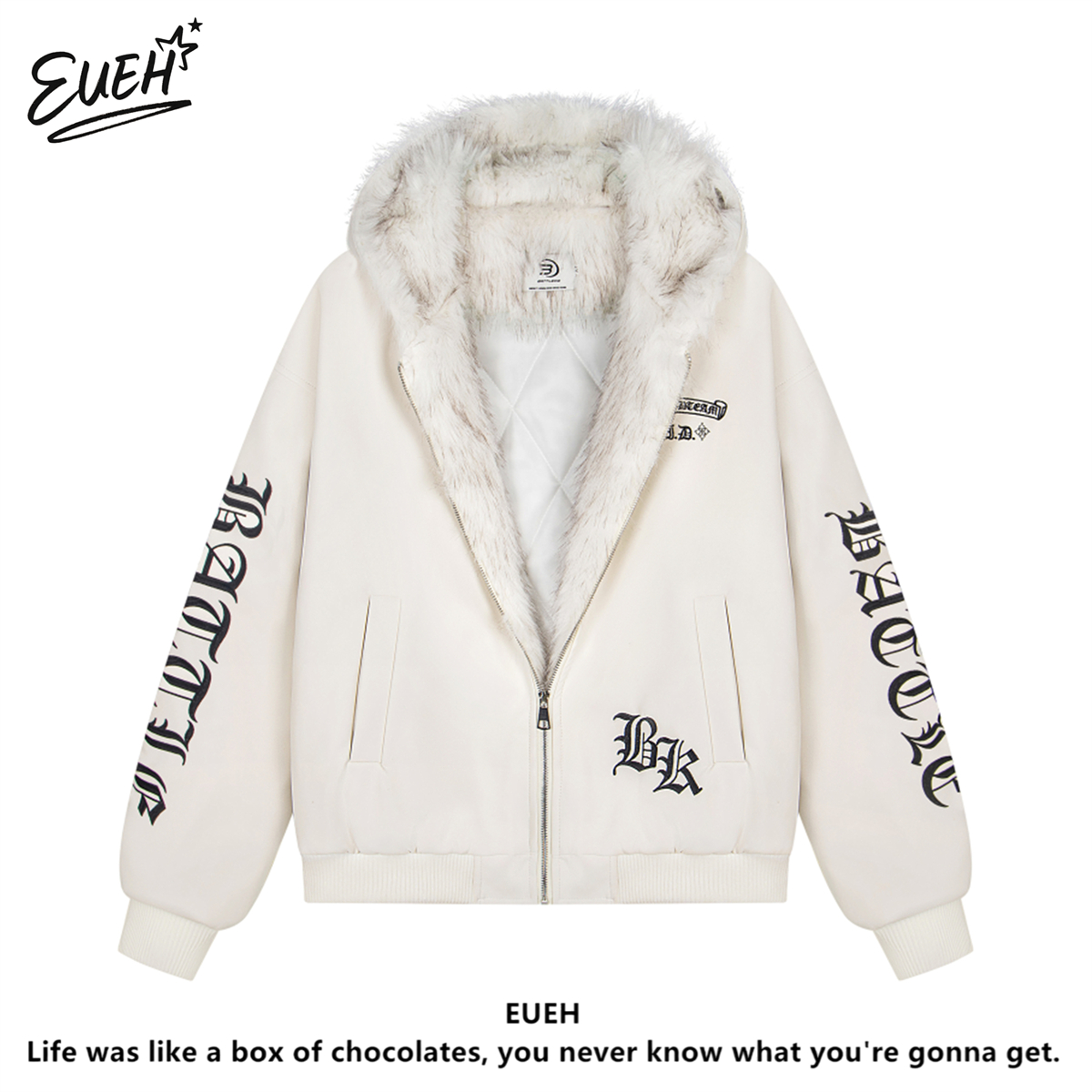 EUEHU皮刺绣座山雕毛领外套