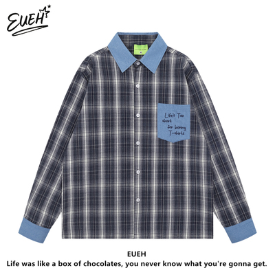 EUEH美式牛仔领子拼接刺绣衬衫