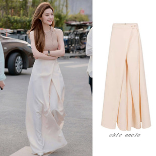 女设计感不规则高腰休闲直筒阔腿裤 裤 杏色西装 许我耀眼赵露思同款