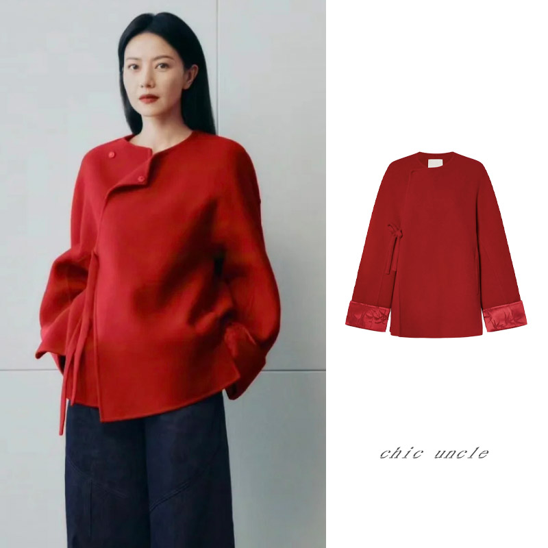 新年红色圆领斜襟双面呢外套女