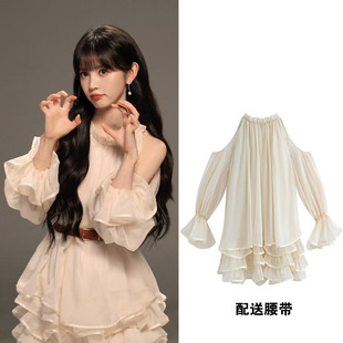 田曦薇同款 温柔风露肩连衣裙女2026年早春荷叶边雪纺显瘦优雅短裙