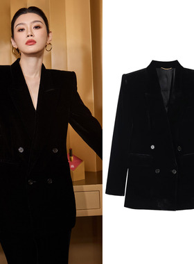 奚梦瑶同款轻奢黑色丝绒西装外套女双排扣气质御姐高级感时尚套装