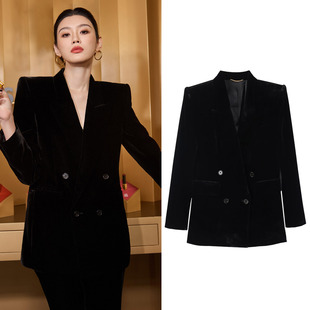 套装 外套女双排扣气质御姐高级感时尚 轻奢黑色丝绒西装 奚梦瑶同款