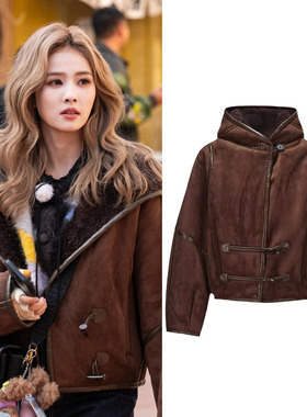 奔跑吧白鹿同款麂皮绒皮草外套女秋冬季皮毛一体加厚保暖短款大衣