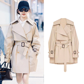 章若楠同款 卡其色风衣外套女收腰系带双排扣小个子高级感短款 大衣
