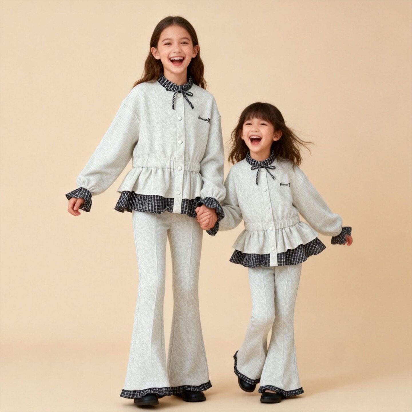 女童套装春款2026新款儿童秋装运动拼接格纹卫衣外套裤子两件套