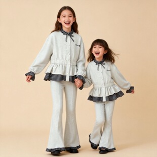 女童套装春款2026新款儿童秋装运动拼接格纹卫衣外套裤子两件套