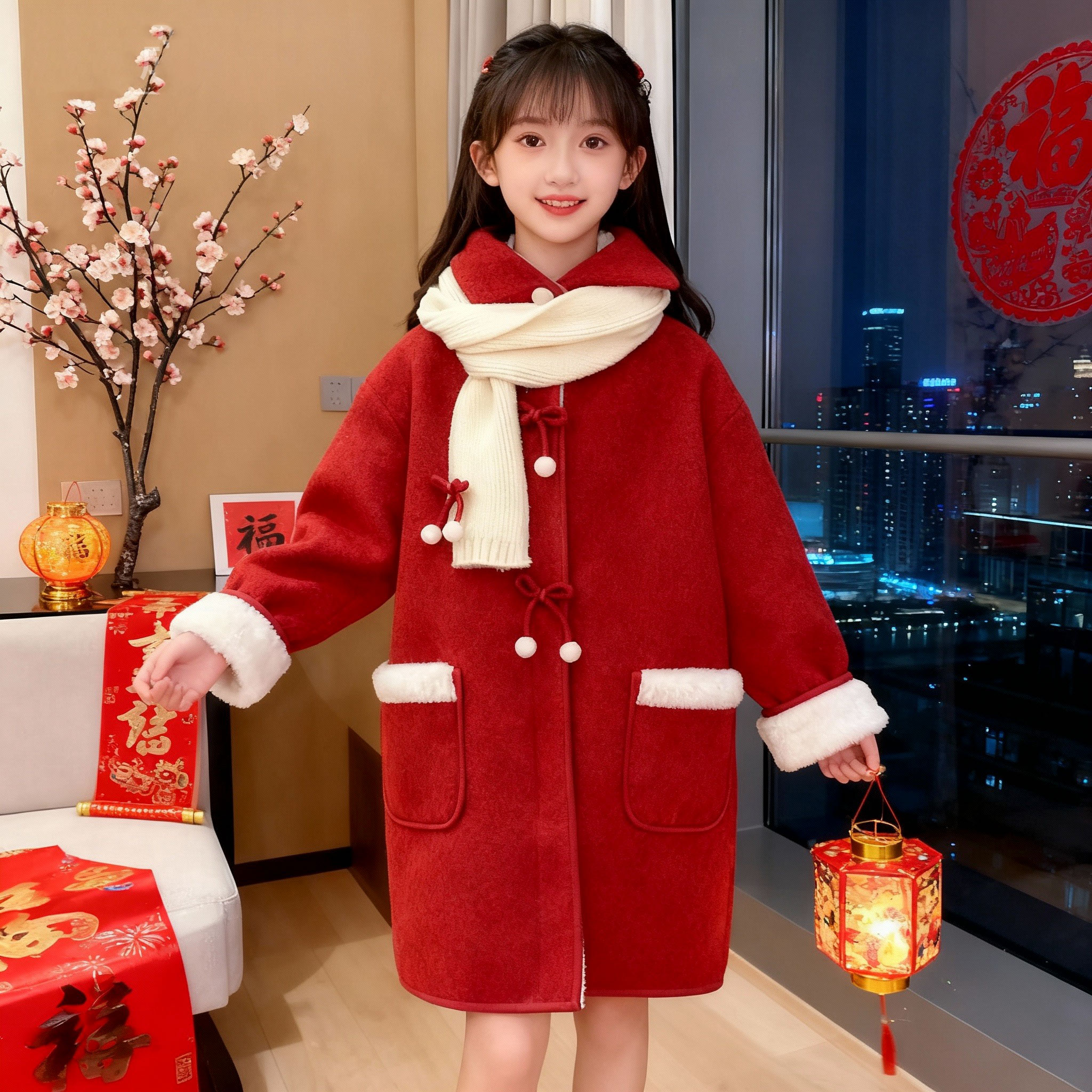 女童加绒呢子外套冬季2025新款儿童中长款过年红色毛呢大衣拜年服