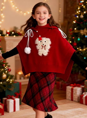 圣诞红色高领毛衣套装格子连衣裙子女童秋冬季高级感2025新年长裙