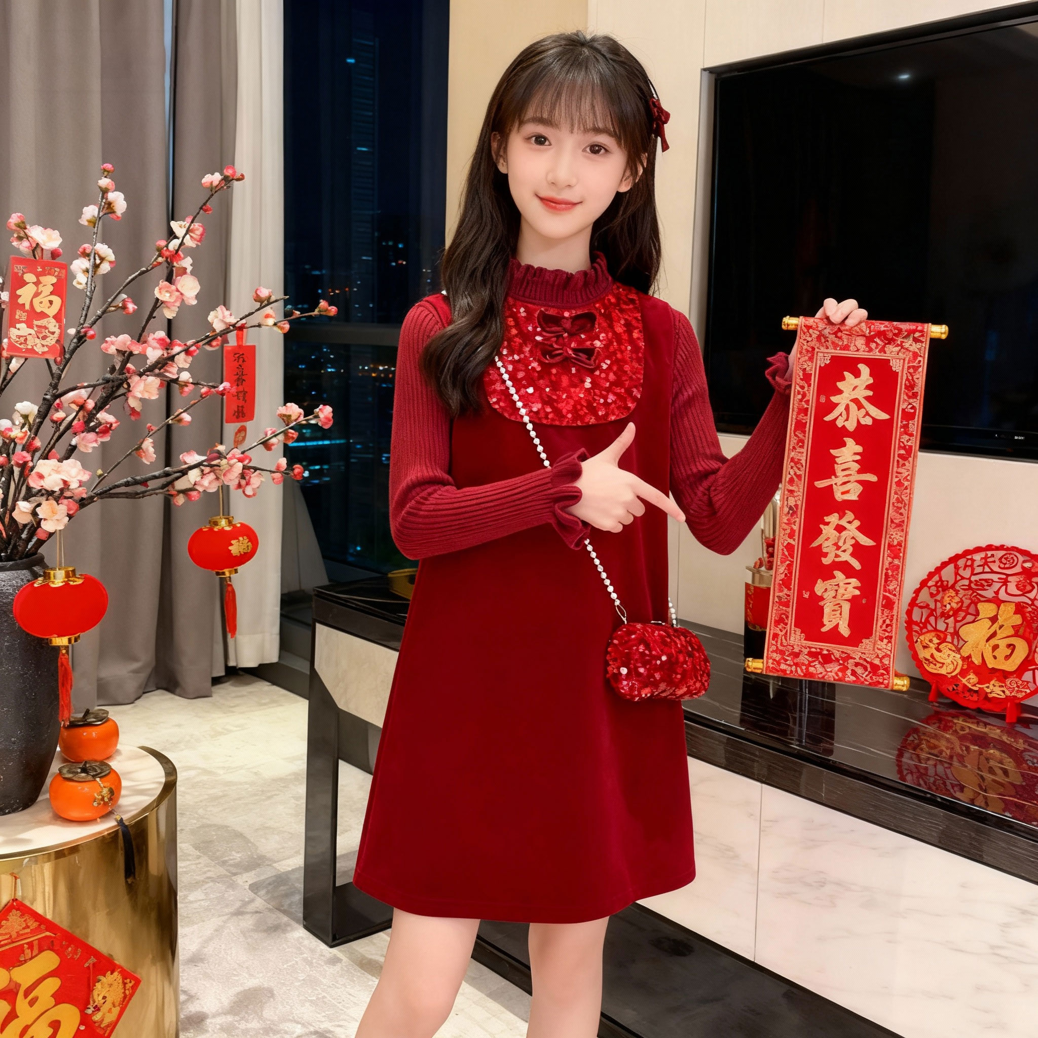 女童旗袍裙拜年服冬季2025新款国风中大童唐装女孩冬装加厚连衣裙