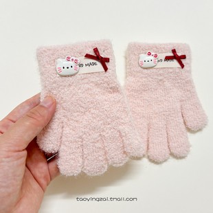 女宝宝秋冬季可爱颗粒绒手套女童五指分指蝴蝶结装饰保暖防寒手套