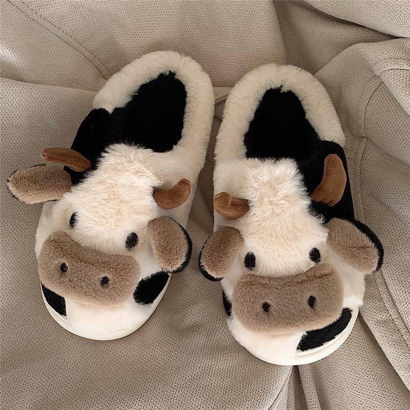 2022 Milk Cow Fluffy Fur Slippers Women Winter Warm Closed P