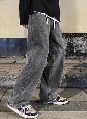 Mens Jeans Student Casual Pants High Street Straight Loose