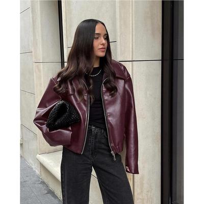 PU leather jacket 欧美秋冬新款翻领机车风PU皮革夹克宽松外套女