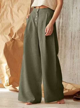 casual trousers women Slacks ladies pants 棉麻宽松阔腿长裤女