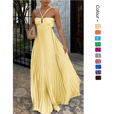 2026夏季新款欧美纯色抹胸压褶吊带连衣裙spaghetti strap dress