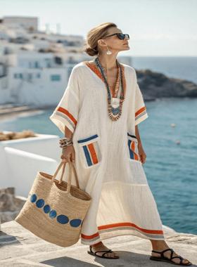 Elegant plus-size printed dress 优雅大码印花长款大摆连衣裙女