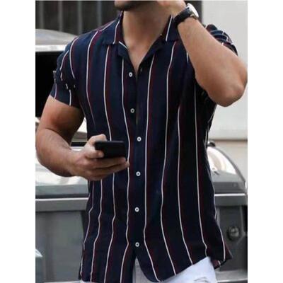 Striped Colorblock Men Casual Lapel Loose Shirt条纹休闲衬衫