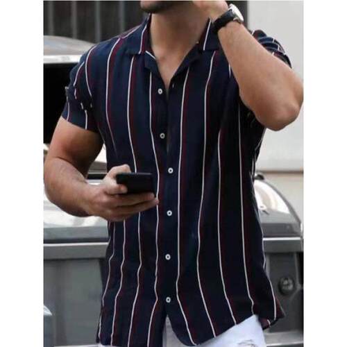 Striped Colorblock Men Casual Lapel Loose Shirt条纹休闲衬衫