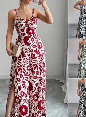 长裤印花连体裤Printed sling backless wide leg jumpsuit pants