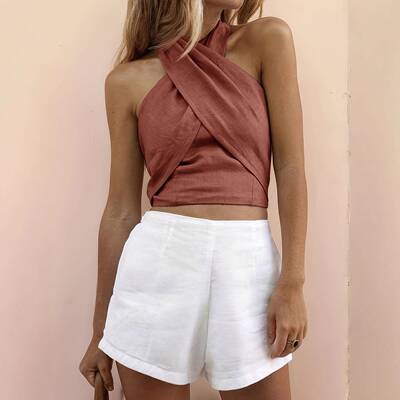 挂脖交叉无袖露背上衣 Ladies' neck hanging cross backless top