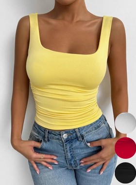 Women's tank top with square collar and exposed navel