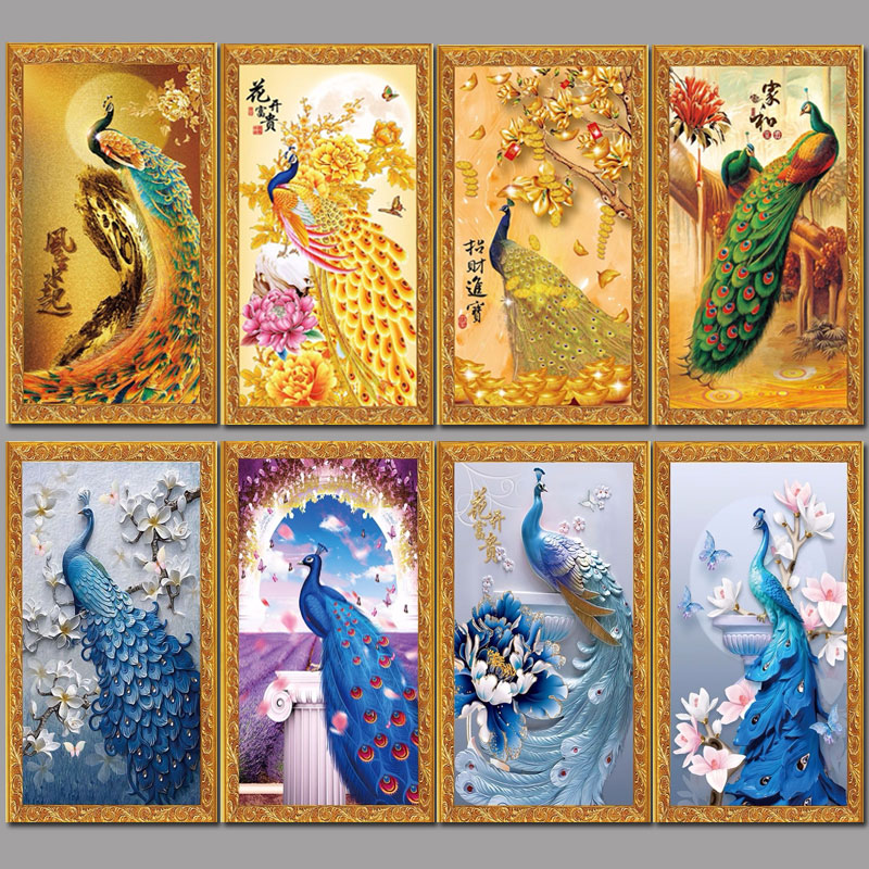 自粘墙画发财树孔雀墙贴画画心走廊玄关装饰画客厅壁画油画布画芯图片