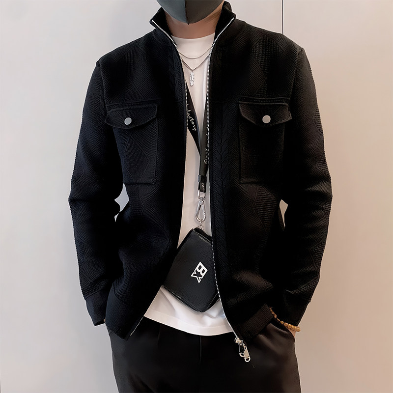 LV275/P98控138秋季痞帅小伙毛衣男菱形设计针织开衫毛衣外套黑首图片
