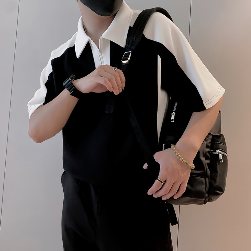 8984/P48控68夏季小伙高档撞色黑白拼接轻奢polo衫短袖T恤男白首1,男装Polo衫,星座305B