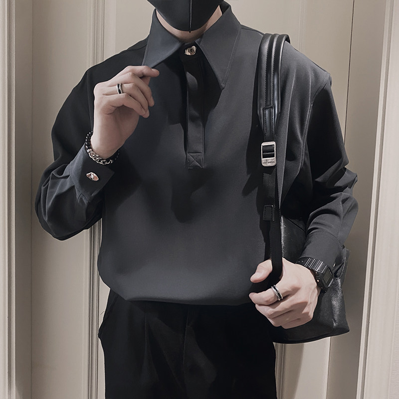 S43/P68控98秋社会小伙高级垂感免烫套头立体感长袖衬衣男灰首2,男装衬衫,星座305B