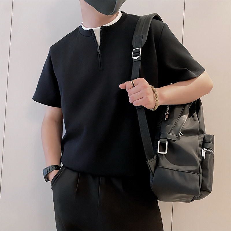 8972/P58控78夏季小伙休闲假两件亨利领半拉链潮牌短袖男灰首图2,男装T恤,星座305B