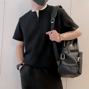 8972/P58控78 夏季小伙休闲假两件亨利领半拉链潮牌短袖男灰首图2图片
